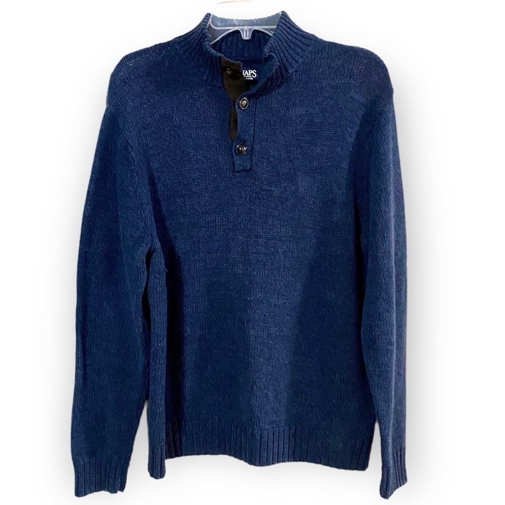 Navy Blue Knit Pullover Cotton Sweater Medium 3-button Mock Neck Elbow Patch